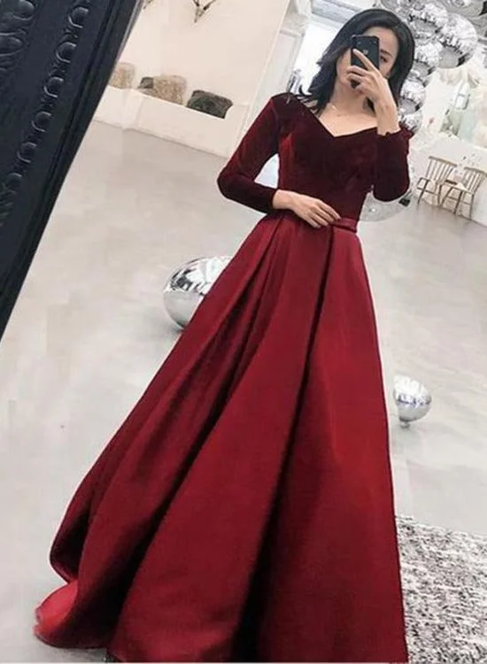Wine Red Satin and Velvet Long Party Dress, Long Sleeves Evening Dress, Formal Dress Boat Neckline Classic Wine Red Satin and Velvet Long Party Dress, Long Sleeves Evening Dress, Formal Dress Boat Neckline Classic