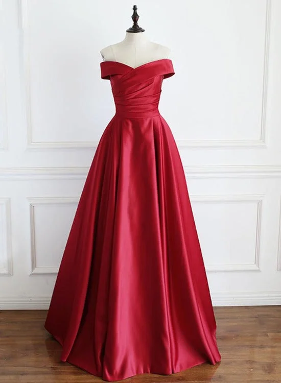 Wine Red Satin Floor Length Party Dress, A-line Off Shoulder Prom Dress Tunics Spring floral Wine Red Satin Floor Length Party Dress, A-line Off Shoulder Prom Dress Tunics Spring floral