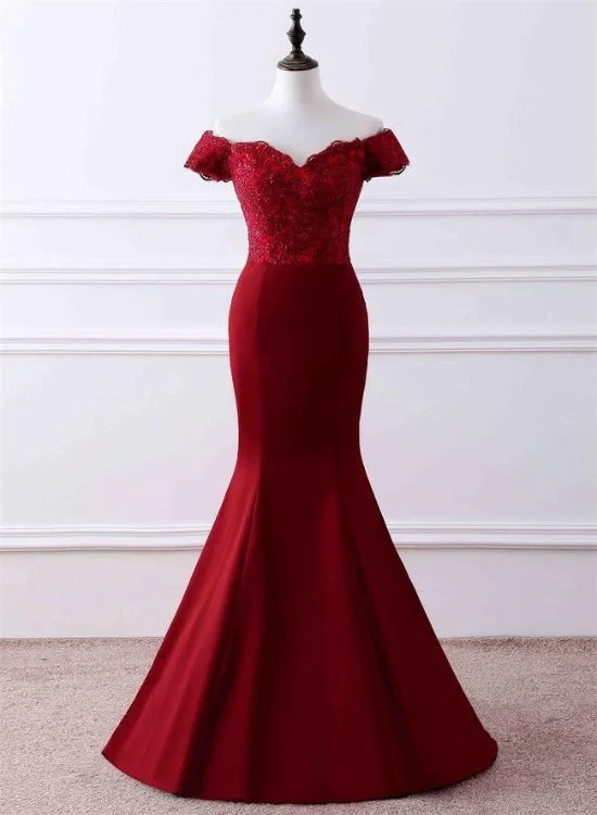 Wine Red Satin Mermaid Long Party Dress, Off Shoulder Formal Dress Evening Dress Mermaid Tail Wedding Wine Red Satin Mermaid Long Party Dress, Off Shoulder Formal Dress Evening Dress Mermaid Tail Wedding