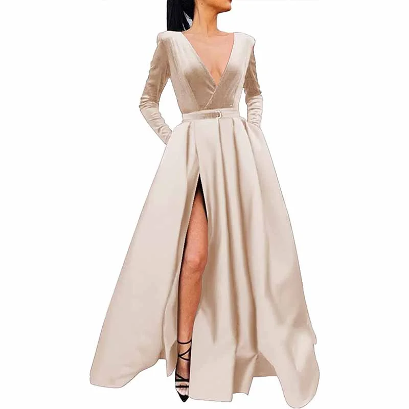 Women Long Sleeve Satin Formal Evening Dress with Pockets Prom Ball Gown Tunics Exclusive limited Women Long Sleeve Satin Formal Evening Dress with Pockets Prom Ball Gown Tunics Exclusive limited