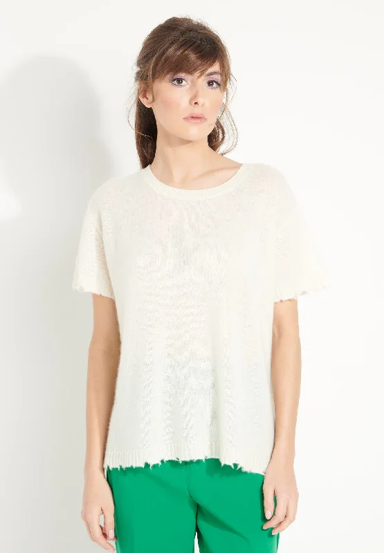 AVA 6 T shirt en cachemire déjaugé col rond manches courtes avec finitions ciselées blanc écru Satin Fabric Silk Fabric Chiffon Fabric AVA 6 T shirt en cachemire déjaugé col rond manches courtes avec finitions ciselées blanc écru Satin Fabric Silk Fabric Chiffon Fabric