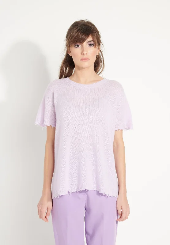AVA 6 T shirt en cachemire déjaugé col rond manches courtes avec finitions ciselées lilas Chenille Fabric Brocade Fabric Lace Fabric AVA 6 T shirt en cachemire déjaugé col rond manches courtes avec finitions ciselées lilas Chenille Fabric Brocade Fabric Lace Fabric