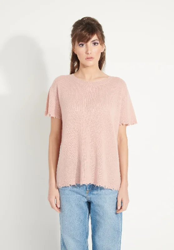 AVA 6 T shirt en cachemire déjaugé col rond manches courtes avec finitions ciselées rose poudré Zippered Front Buttoned Front Snap Front AVA 6 T shirt en cachemire déjaugé col rond manches courtes avec finitions ciselées rose poudré Zippered Front Buttoned Front Snap Front