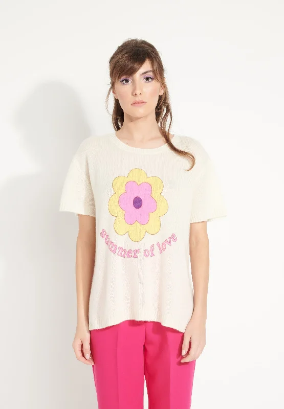 AVA 9 T shirt en cachemire déjaugé col rond manches courtes avec imprimé " SUMMER OF LOVE" blanc écru Print Jacquard Patchwork AVA 9 T shirt en cachemire déjaugé col rond manches courtes avec imprimé " SUMMER OF LOVE" blanc écru Print Jacquard Patchwork
