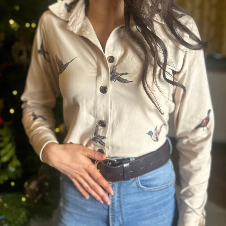 Gunner and Hound Ladies Wildfowl Country Shirt - Pheasant & Duck Notch Collar Peter Pan Collar Cowl Neck Gunner and Hound Ladies Wildfowl Country Shirt - Pheasant & Duck Notch Collar Peter Pan Collar Cowl Neck