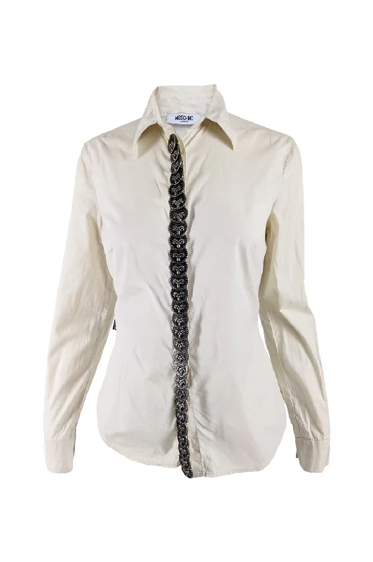 Moschino Vintage Cream Stretch Cotton Western Shirt, 1990s Polka Dot Checkered Tartan Moschino Vintage Cream Stretch Cotton Western Shirt, 1990s Polka Dot Checkered Tartan