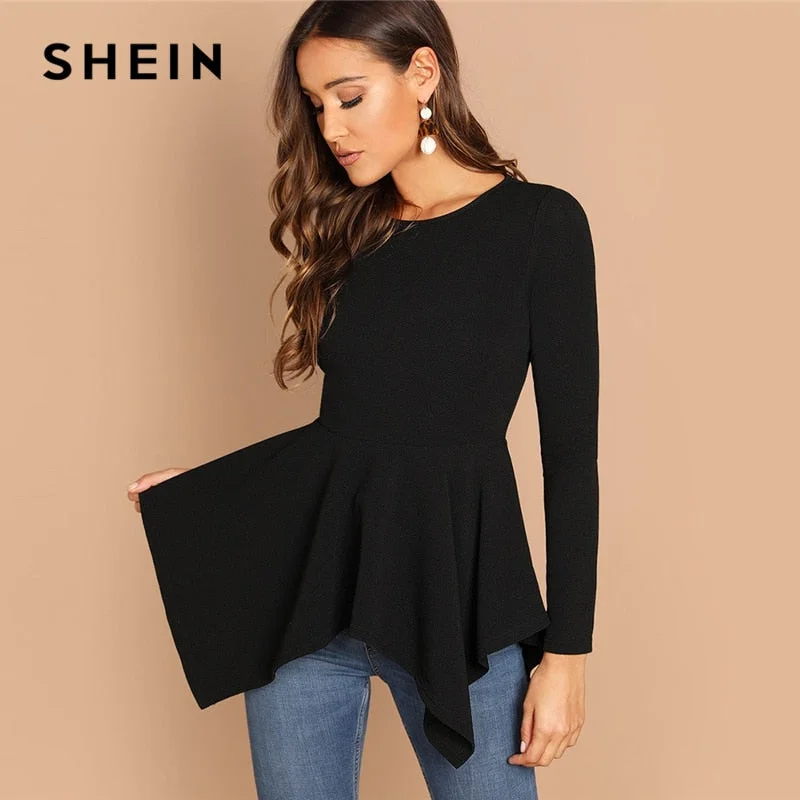 SHEIN Asymmetrical Hem Peplum Tee Elegant Plain Long Sleeve Round Neck Tops Women Autumn Minimalist Workwear T-shirt Iron Safe Non-Iron Wrinkle Free SHEIN Asymmetrical Hem Peplum Tee Elegant Plain Long Sleeve Round Neck Tops Women Autumn Minimalist Workwear T-shirt Iron Safe Non-Iron Wrinkle Free