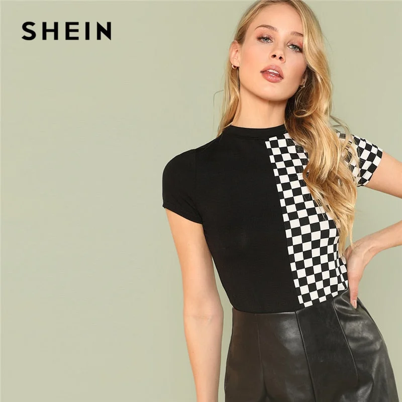 SHEIN Black and White Plaid Casual Round Neck Short Sleeve Colorblock Tee Summer Women Elegant T-shirt Top Basic T-Shirt Crew Neck Short Sleeve SHEIN Black and White Plaid Casual Round Neck Short Sleeve Colorblock Tee Summer Women Elegant T-shirt Top Basic T-Shirt Crew Neck Short Sleeve