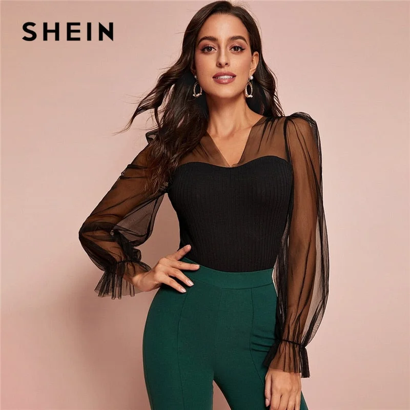 SHEIN Black V-Neck Contrast Mesh Sleeve Ribbed-Knit Elegant Top Women Autumn Flounce Sleeve Sheer Form Fitted Solid T-shirts Collared T-Shirt Boat Neck A-Line SHEIN Black V-Neck Contrast Mesh Sleeve Ribbed-Knit Elegant Top Women Autumn Flounce Sleeve Sheer Form Fitted Solid T-shirts Collared T-Shirt Boat Neck A-Line