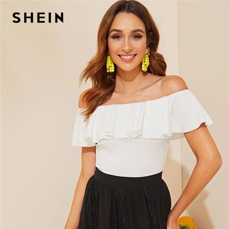 SHEIN Elegant White Flounce Off Shoulder Fitted Top Solid T Shirt Women Summer Sleeveless Basics Slim Tshirt Tops Cashmere Blend Cotton Blend Poly Blend SHEIN Elegant White Flounce Off Shoulder Fitted Top Solid T Shirt Women Summer Sleeveless Basics Slim Tshirt Tops Cashmere Blend Cotton Blend Poly Blend