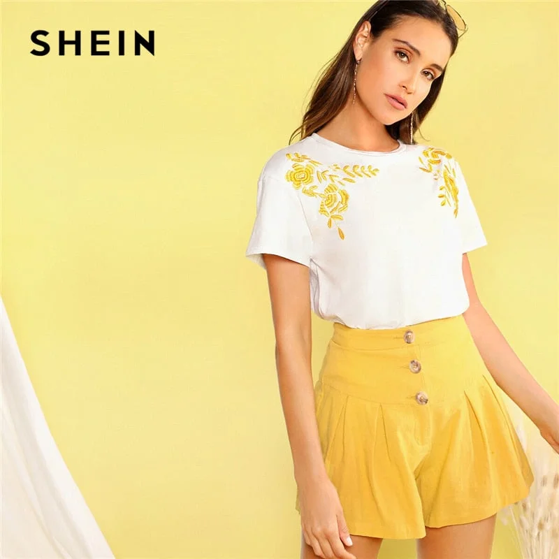 SHEIN Flower Embroidered Detail Tee Women Clothing 2019 Stretchy Summer Short Sleeve T Shirt Round Neck White Summer Tops Elegant Classic Vintage SHEIN Flower Embroidered Detail Tee Women Clothing 2019 Stretchy Summer Short Sleeve T Shirt Round Neck White Summer Tops Elegant Classic Vintage