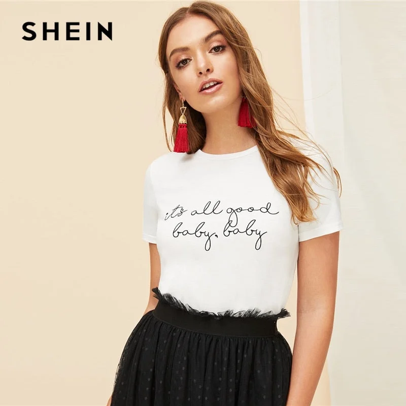 SHEIN White Slogan Letter Print Solid Slim Fitted Tee Short Sleeve Round Neck T Shirt Women Summer 2019 Casual T-shirt Tops Polka Dot Checkered Tartan SHEIN White Slogan Letter Print Solid Slim Fitted Tee Short Sleeve Round Neck T Shirt Women Summer 2019 Casual T-shirt Tops Polka Dot Checkered Tartan