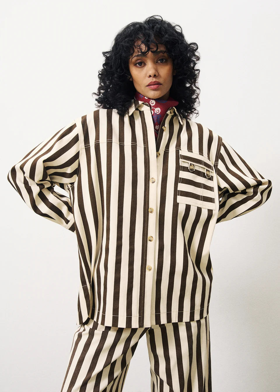 The Edita Shirt by FRNCH - Chocolate Stripe Mesh Blend Leather Blend Suede Blend