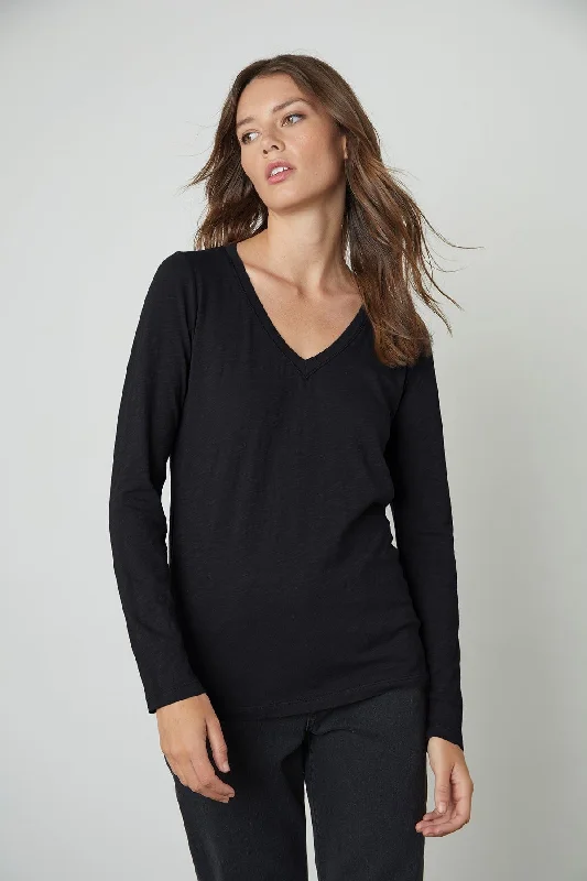 Velvet by Graham & Spencer Blaire Long Sleeve Cotton V- Neck Tee Shirt | Black Real Fur Shearling Chenille Velvet by Graham & Spencer Blaire Long Sleeve Cotton V- Neck Tee Shirt | Black Real Fur Shearling Chenille