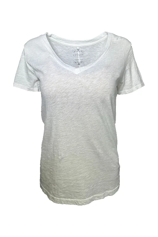 Velvet by Graham & Spencer Lilith Cotton Slub V-Neck Tee | Ecru Silk Blend Satin Velvet Velvet by Graham & Spencer Lilith Cotton Slub V-Neck Tee | Ecru Silk Blend Satin Velvet
