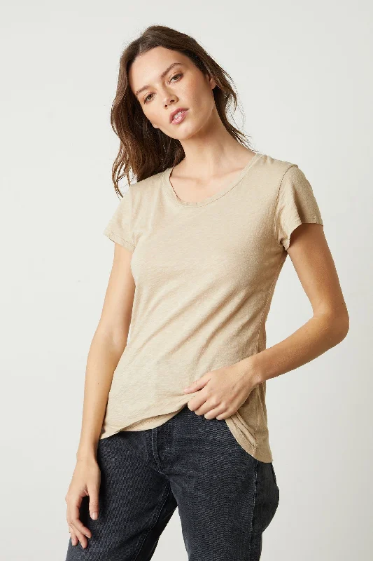 Velvet by Graham & Spencer Odelia Short Sleeve Crew Neck Tee | Sesame Hooded Caped Shawl Collar Velvet by Graham & Spencer Odelia Short Sleeve Crew Neck Tee | Sesame Hooded Caped Shawl Collar