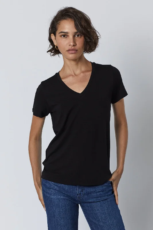 Velvet by Jenny Graham Runyon 06 Short Sleeve V-Neck Tee | Black Spandex Blend Rayon Blend Denim Blend Velvet by Jenny Graham Runyon 06 Short Sleeve V-Neck Tee | Black Spandex Blend Rayon Blend Denim Blend