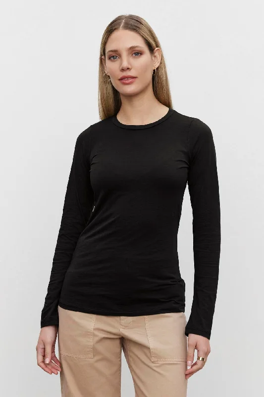 Velvet by Graham & Spencer Zofina Fitted Long Sleeve Gauzy Whisper Crew Neck Tee Shirt | Black Terry Blend Velvet Blend Canvas Blend Velvet by Graham & Spencer Zofina Fitted Long Sleeve Gauzy Whisper Crew Neck Tee Shirt | Black Terry Blend Velvet Blend Canvas Blend