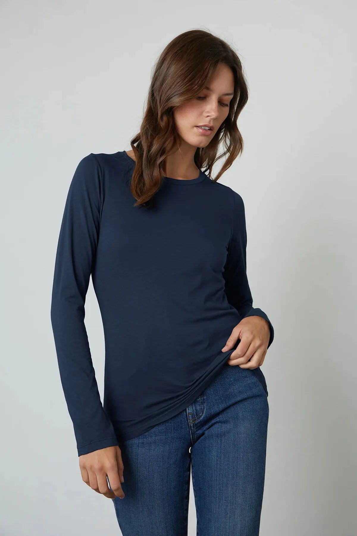 Velvet by Graham & Spencer Zofina Fitted Long Sleeve Gauzy Whisper Crew Neck Tee Shirt | Midnight Anti-Pilling Machine Wash Handmade Velvet by Graham & Spencer Zofina Fitted Long Sleeve Gauzy Whisper Crew Neck Tee Shirt | Midnight Anti-Pilling Machine Wash Handmade