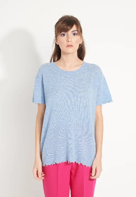 AVA 6 T shirt en cachemire déjaugé col rond manches courtes avec finitions ciselées bleu ciel Real Fur Shearling Chenille AVA 6 T shirt en cachemire déjaugé col rond manches courtes avec finitions ciselées bleu ciel Real Fur Shearling Chenille