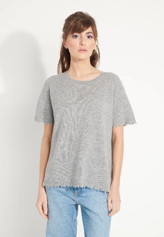 AVA 6 T shirt en cachemire déjaugé col rond manches courtes avec finitions ciselées gris clair Silk Blend Satin Velvet AVA 6 T shirt en cachemire déjaugé col rond manches courtes avec finitions ciselées gris clair Silk Blend Satin Velvet