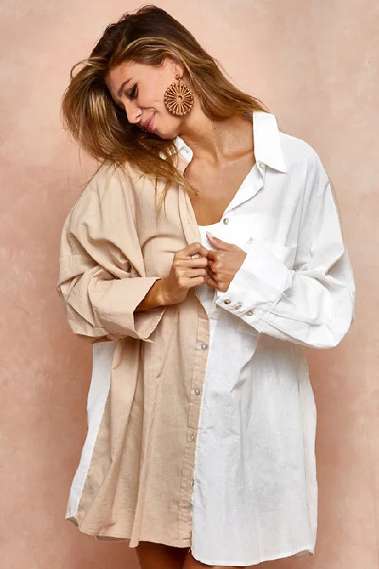 BK Brand Oversized Two Tones Shirt Zippered Front Buttoned Front Snap Front