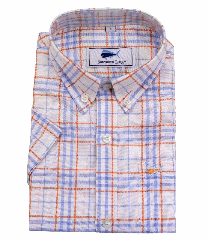 Youth Short Sleeve Woven Sport Shirt - Orange Blue Railroad Plaid Sequined Glittery Shiny Youth Short Sleeve Woven Sport Shirt - Orange Blue Railroad Plaid Sequined Glittery Shiny