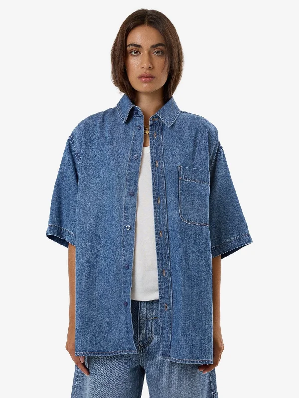 Darian Denim Shirt - Dark Dust Blue Notch Collar Peter Pan Collar Cowl Neck