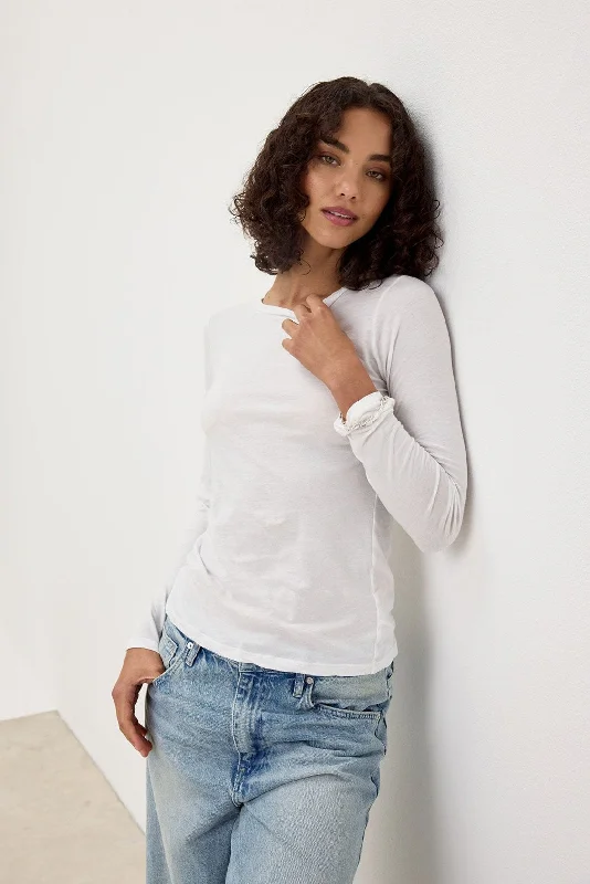 Velvet by Graham & Spencer Zofina Fitted Long Sleeve Gauzy Whisper Crew Neck Tee Shirt | White Mesh Blend Leather Blend Suede Blend Velvet by Graham & Spencer Zofina Fitted Long Sleeve Gauzy Whisper Crew Neck Tee Shirt | White Mesh Blend Leather Blend Suede Blend