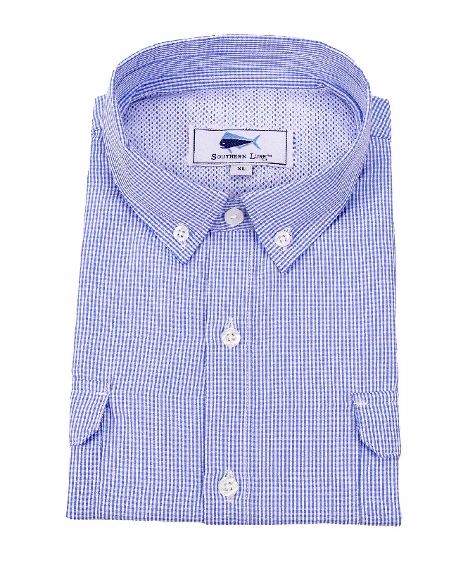 Youth Long Sleeve Fishing Shirt - Gulf Stream Blue Gingham Satin Blend Silk Blend Wool Blend Youth Long Sleeve Fishing Shirt - Gulf Stream Blue Gingham Satin Blend Silk Blend Wool Blend
