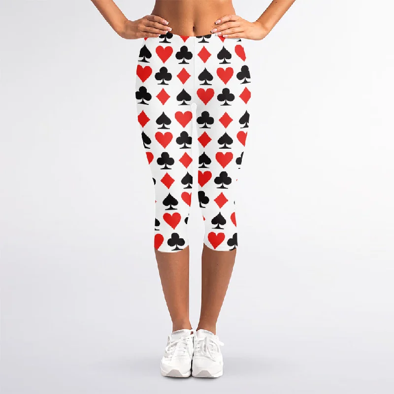 Playing Card Symbols Pattern Print Women's Capri Leggings Comfortable Leggings with Pockets Playing Card Symbols Pattern Print Women's Capri Leggings Comfortable Leggings with Pockets