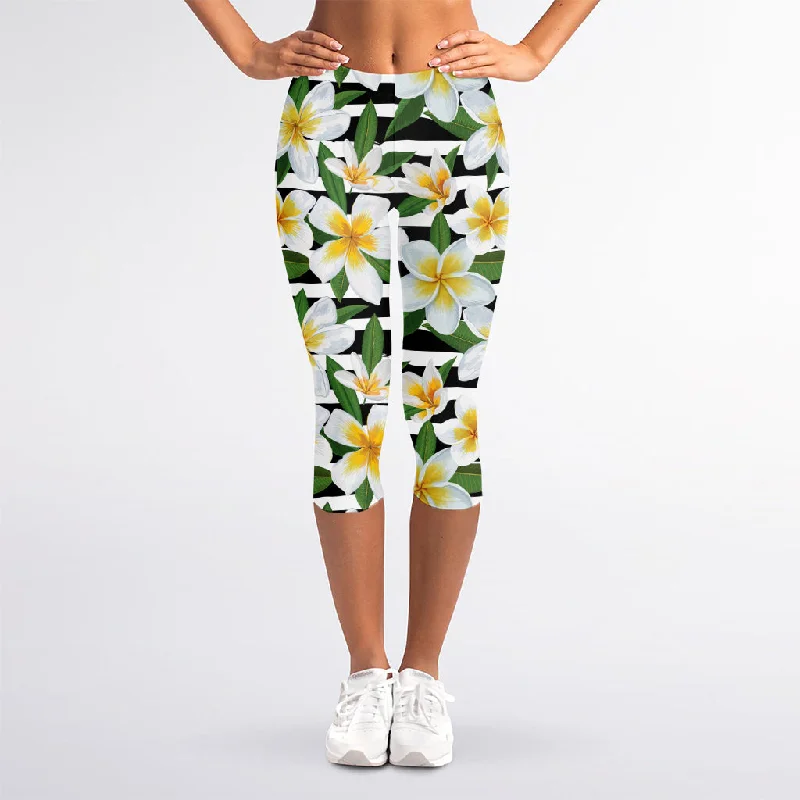 Plumeria Flower Striped Pattern Print Women's Capri Leggings Comfortable Tummy Shaping Leggings Plumeria Flower Striped Pattern Print Women's Capri Leggings Comfortable Tummy Shaping Leggings
