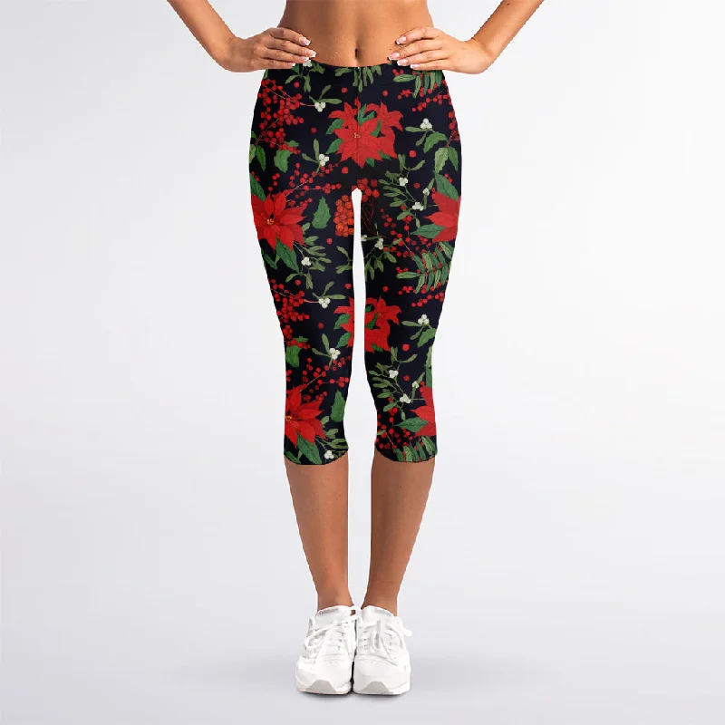 Poinsettia Flower Pattern Print Women's Capri Leggings Stylish Compression Fit Leggings Poinsettia Flower Pattern Print Women's Capri Leggings Stylish Compression Fit Leggings