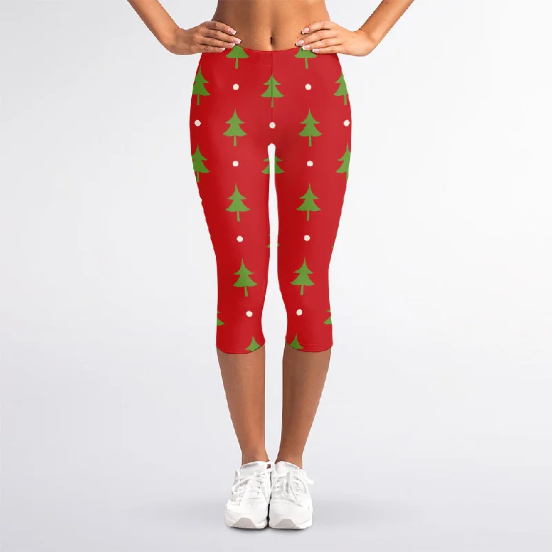 Polka Dot Christmas Tree Pattern Print Women's Capri Leggings Fashionable Solid Color Tights Polka Dot Christmas Tree Pattern Print Women's Capri Leggings Fashionable Solid Color Tights