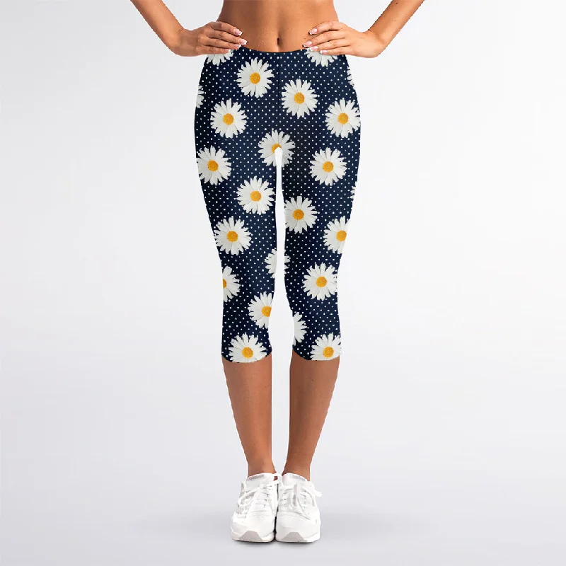 Polka Dot Daisy Floral Pattern Print Women's Capri Leggings Stylish Everyday Leggings Polka Dot Daisy Floral Pattern Print Women's Capri Leggings Stylish Everyday Leggings
