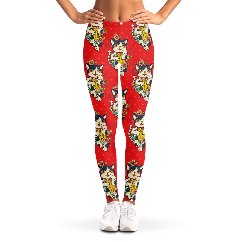 Japanese Cat Maneki Neko Pattern Print Women's Leggings Comfortable Fleece-Lined Leggings Japanese Cat Maneki Neko Pattern Print Women's Leggings Comfortable Fleece-Lined Leggings
