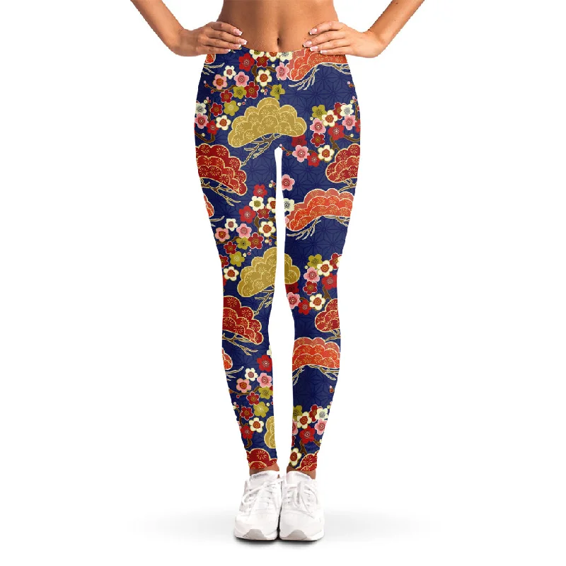 Japanese Cherry Blossom Pattern Print Women's Leggings Comfortable Ribbed Sports Leggings Japanese Cherry Blossom Pattern Print Women's Leggings Comfortable Ribbed Sports Leggings