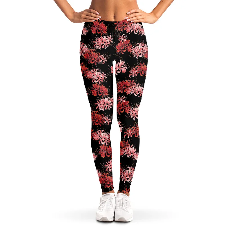 Japanese Cluster Amaryllis Pattern Print Women's Leggings Comfortable Stretch Leggings Japanese Cluster Amaryllis Pattern Print Women's Leggings Comfortable Stretch Leggings