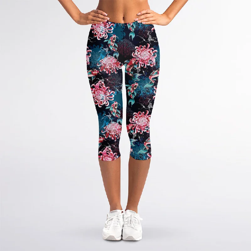 Japanese Koi And Chrysanthemums Print Women's Capri Leggings Comfortable Bootcut Workout Leggings Japanese Koi And Chrysanthemums Print Women's Capri Leggings Comfortable Bootcut Workout Leggings