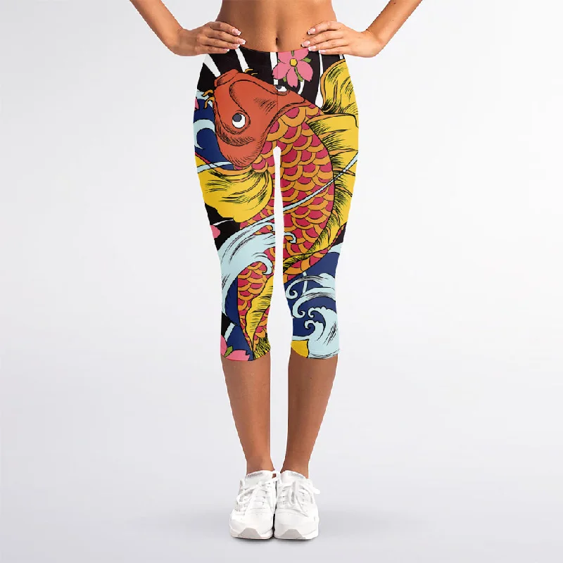 Japanese Koi And Flower Tattoo Print Women's Capri Leggings Comfortable Yoga Tights Leggings Japanese Koi And Flower Tattoo Print Women's Capri Leggings Comfortable Yoga Tights Leggings