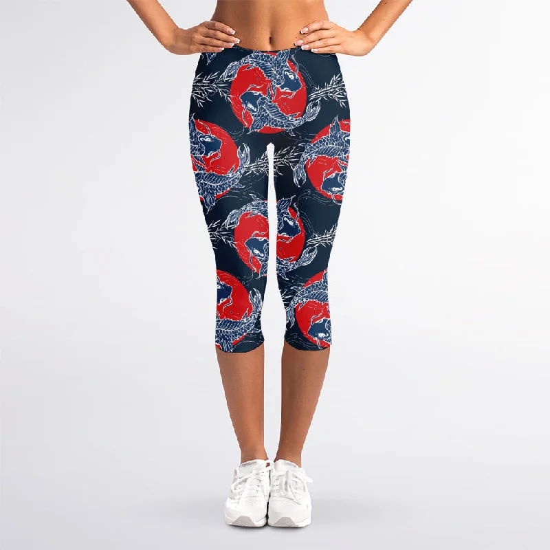 Japanese Koi Carp Fish Pattern Print Women's Capri Leggings Chic Floral Print Leggings Japanese Koi Carp Fish Pattern Print Women's Capri Leggings Chic Floral Print Leggings