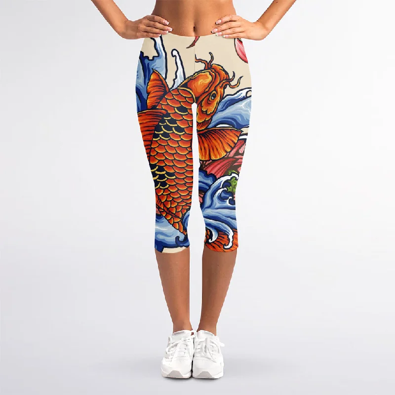 Japanese Koi Fish Tattoo Print Women's Capri Leggings Elegant Stretchy Faux Leather Leggings Japanese Koi Fish Tattoo Print Women's Capri Leggings Elegant Stretchy Faux Leather Leggings