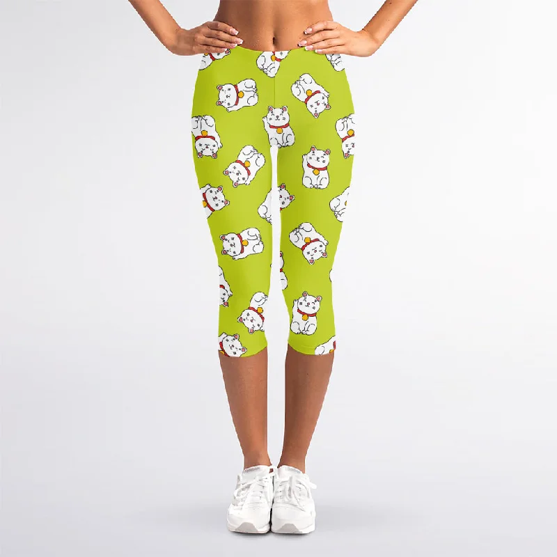 Japanese Lucky Cat Cartoon Print Women's Capri Leggings Stylish Faux Leather Leggings Japanese Lucky Cat Cartoon Print Women's Capri Leggings Stylish Faux Leather Leggings