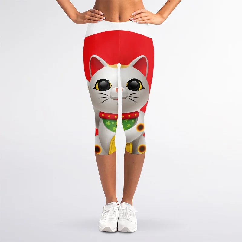 Japanese Lucky Cat Maneki Neko Print Women's Capri Leggings Elegant Satin Finish Leggings Japanese Lucky Cat Maneki Neko Print Women's Capri Leggings Elegant Satin Finish Leggings