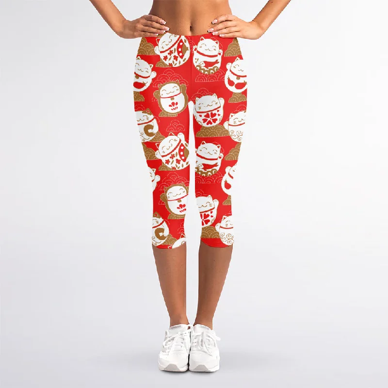 Japanese Lucky Cat Pattern Print Women's Capri Leggings Trendy Ombre Effect Leggings Japanese Lucky Cat Pattern Print Women's Capri Leggings Trendy Ombre Effect Leggings