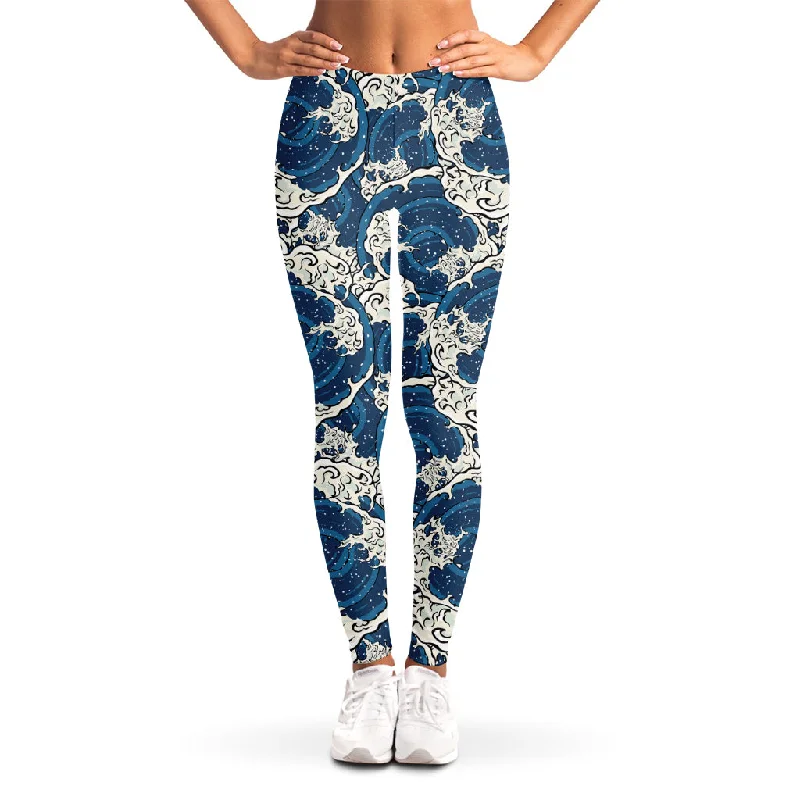Japanese Ocean Wave Pattern Print Women's Leggings Comfortable Printed Workout Leggings Japanese Ocean Wave Pattern Print Women's Leggings Comfortable Printed Workout Leggings