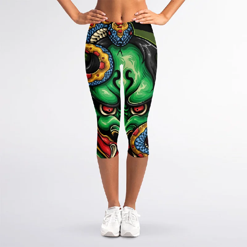 Japanese Oni Demon With Snake Print Women's Capri Leggings Comfortable Workout Fitness Leggings Japanese Oni Demon With Snake Print Women's Capri Leggings Comfortable Workout Fitness Leggings
