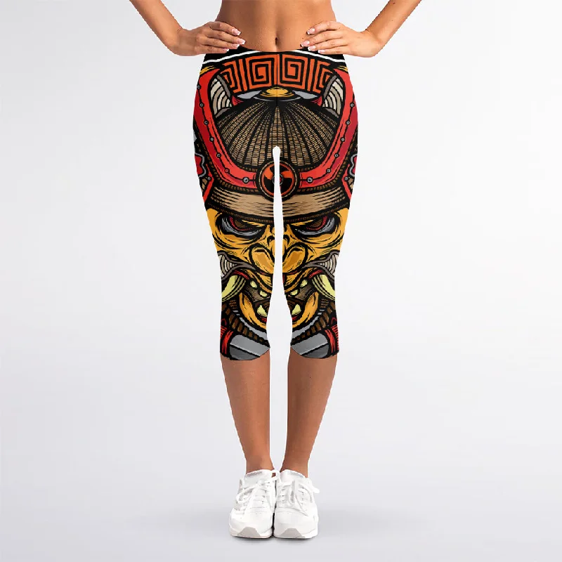 Japanese Samurai Mask Print Women's Capri Leggings Fashionable Moisture-Wicking Leggings Japanese Samurai Mask Print Women's Capri Leggings Fashionable Moisture-Wicking Leggings