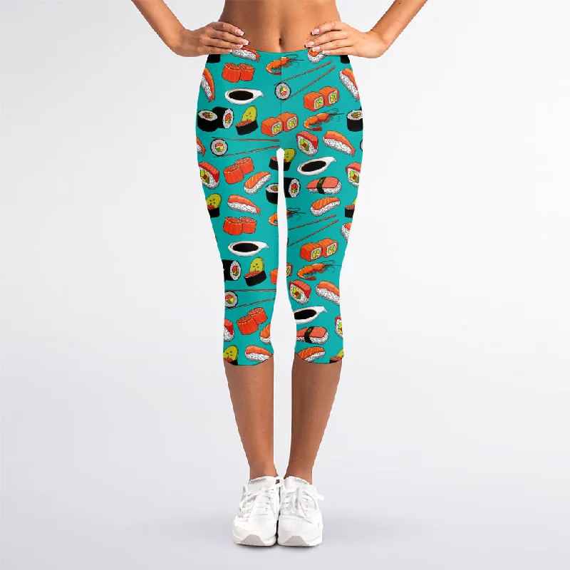 Japanese Sushi And Rolls Pattern Print Women's Capri Leggings Comfortable Wide-Band Leggings Japanese Sushi And Rolls Pattern Print Women's Capri Leggings Comfortable Wide-Band Leggings