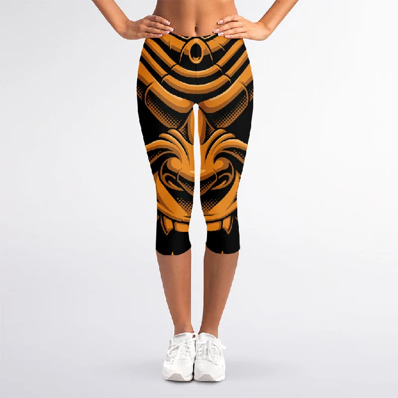 Japanese Warrior Mask Print Women's Capri Leggings Trendy Leather-Look Workout Leggings Japanese Warrior Mask Print Women's Capri Leggings Trendy Leather-Look Workout Leggings